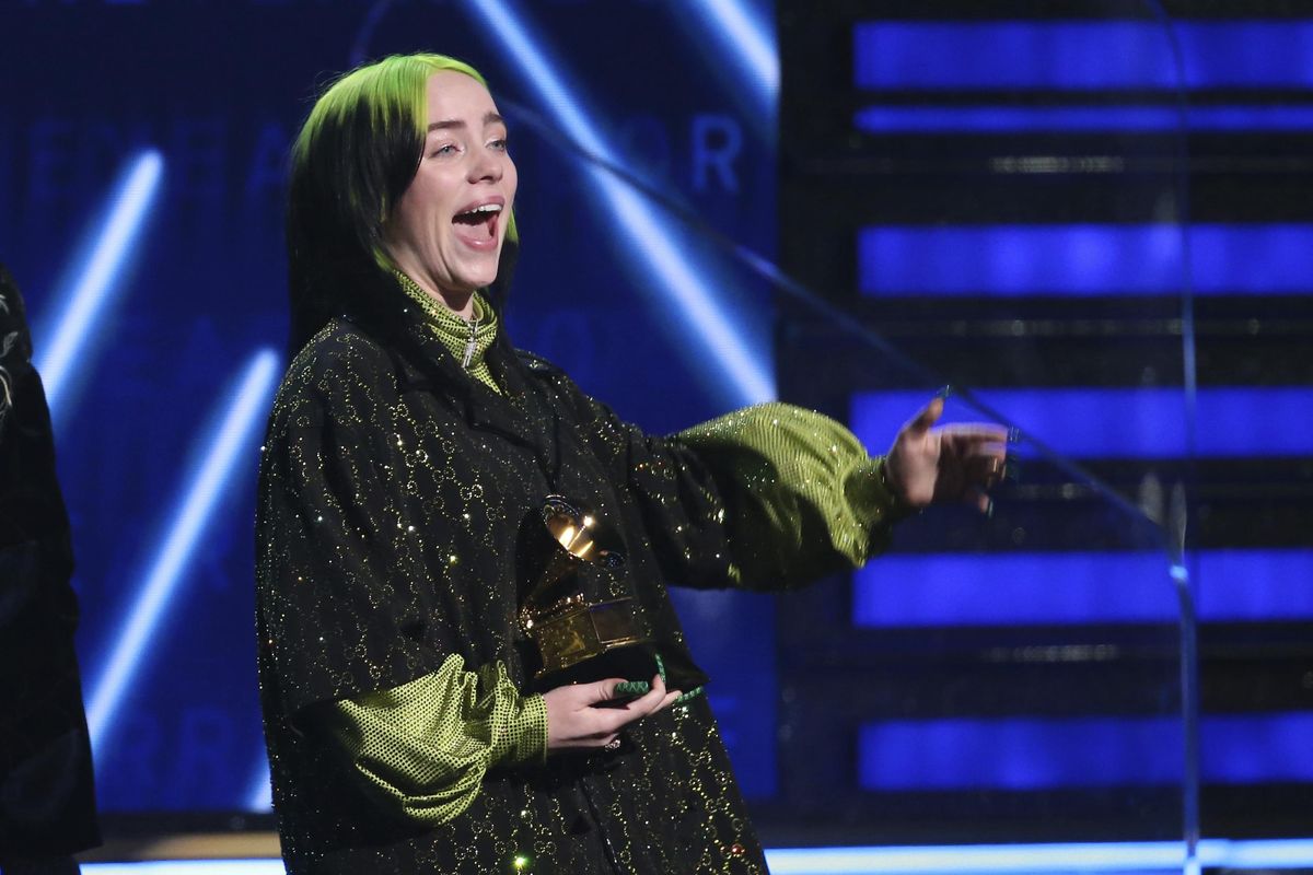 Billie Eilish accepts the award for record of the year for "Bad Guy" at the 62nd annual Grammy Awards on Sunday, Jan. 26, 2020, in Los Angeles. (Matt Sayles / Associated Press)