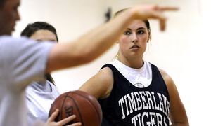 Cassie Thompson of Timberlake High School listens during practice at the school near Spirit Lake on Jan. 14. (Kathy Plonka / The Spokesman-Review)