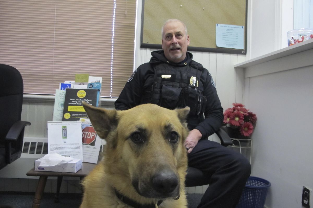 In this Jan. 24, 2020, photo, Sammy, a police dog, sits in the lobby of the Fair Haven police station with Sergeant Dale Kerber, in Fair Haven, Vt. (Lisa Rathke / Associated Press)
