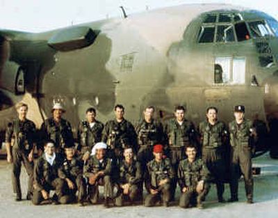 
 This Air Force C-130 crew from Hurlburt Field, Fla., lost five members in the failed attempt to rescue 53 American hostages from the U.S. embassy in Tehran, Iran. They are shown in front of their transport plane, April 24, 1980, in the Oman desert. The following day, a Marine Corps helicopter crashed into the C-130 in the Iranian desert. Top row, from left: Maj. Richard Bakke, killed; unidentified survivor; Tech Sgt. Joel Mayo, killed; Capt. Lyn McIntosh, killed; Maj. Harold Lewis Jr., killed; Capt. Charles McMillan, killed; Staff Sgt. J.J. Beyers, survivor; Col. Jeff Harrison, survivor. Bottom row: unidentified survivors. 
 (Associated Press / The Spokesman-Review)