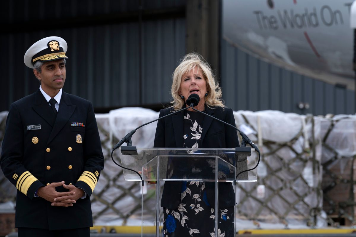 First lady Jill Biden speaks after a Fedex cargo plane arrived with 100,000 pounds of baby formula at Washington Dulles International Airport, in Chantilly, Va., on Wednesday, May 25, 2022.  (Jose Luis Magana)