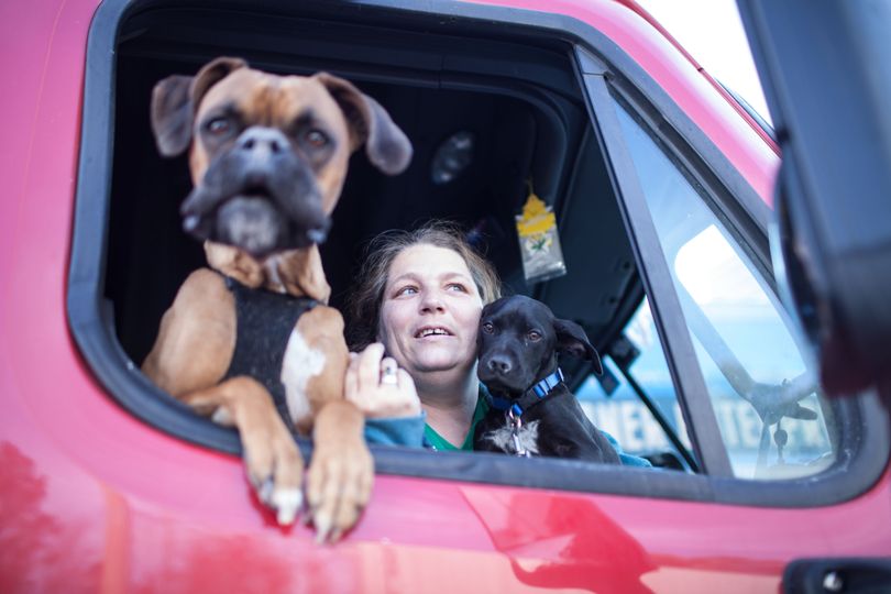 Sunny Walker, a stranded motorist on Interstate 285, holds her two dogs while in her truck Wednesday, Jan. 29, 2014 in Dunwoody, Ga.  Georgia Gov. Nathan Deal said early Wednesday that the National Guard was sending military Humvees onto Atlanta's snarled freeway system in an attempt to move stranded school buses and get food and water to people. Georgia State Patrol troopers headed to schools where children were hunkered down early Wednesday after spending the night there, and transportation crews continued to treat roads and bring gas to motorists, Deal said. (Branden Camp / Fre171034 Ap)