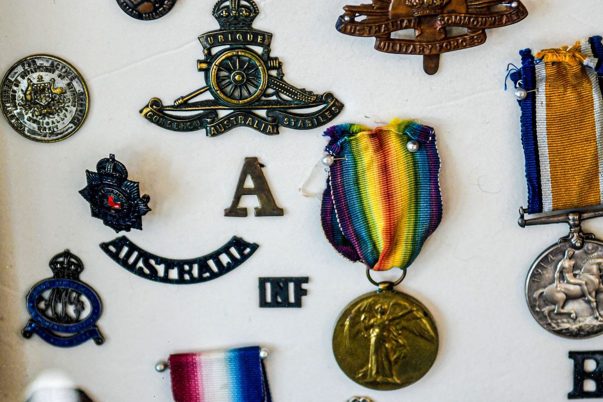 WWI Australian Light Horse Brigade medals and pins owned by Dave Brumley are photographed at his home in Spokane on Tuesday, March 7, 2023  (Kathy Plonka/The Spokesman-Review)