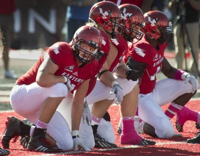 Zackary Johnson, left, made the transition from center to defensive end after transferring to Eastern Washington from Washington State. (Dan Pelle)