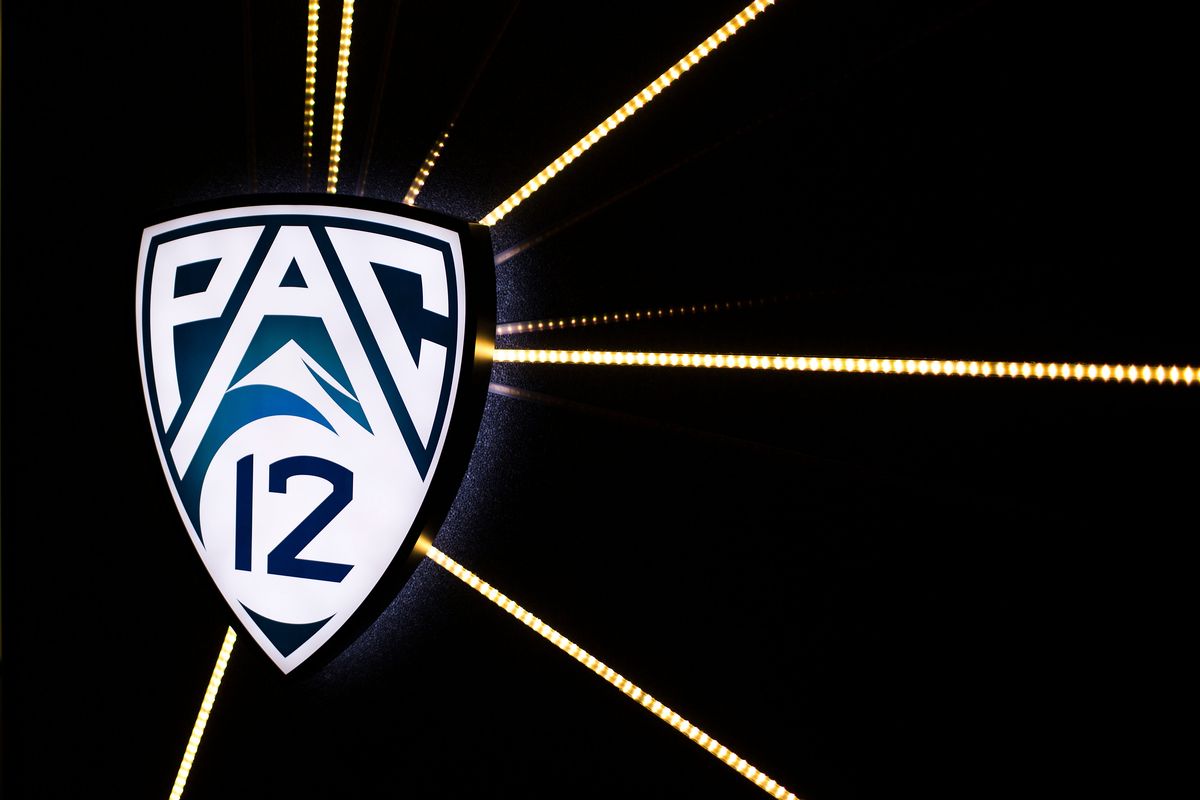 A Pac-12 logo is seen during the conference