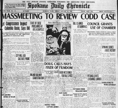 A citizen’s committee called for a mass meeting “to sound out public opinion” on the Maurice Codd subornation of perjury trial, and the proponents had to shoot down rumors that the Ku Klux Klan was involved, the Spokane Daily Chronicle reported on Jan. 26, 1923.  (Spokesman-Review archives)