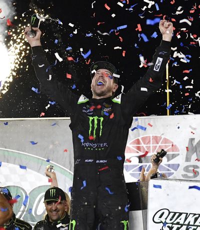 Kurt Busch celebrates his win in the NASCAR Cup Series auto race at Kentucky Speedway in Sparta, Ky., Saturday, July 13, 2019. (Timothy D. Easley / Associated Press)