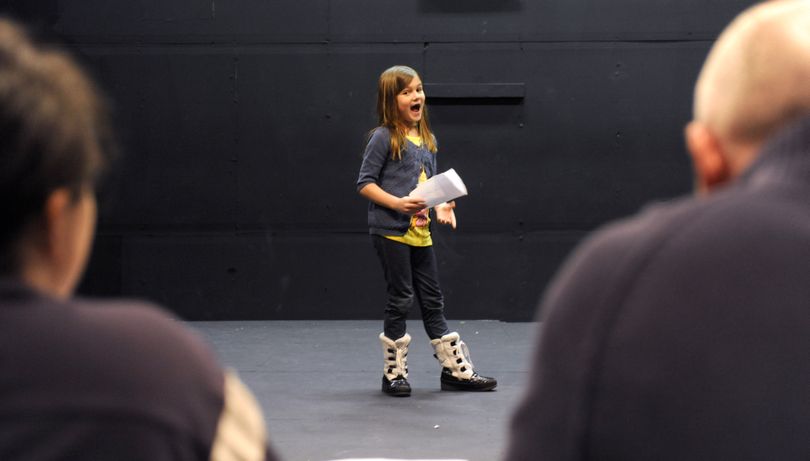 Role call: Shauna Cozza, 7, gives a humorous monologue about the existence of fairies Monday as she auditions for a part in the upcoming Theater Arts for Children production of “The Three Musketeers,” at the TAC headquarters in Spokane Valley. TAC will host a silent auction and buffet Saturday. The Star Tacs, the theater’s improv group, will perform. Tickets for the fundraiser are $30 per person or $50 per couple and are available by calling (509) 995-6718 or by sending an email to email@theaterartsforchildren.org. The theater is at 2114 N. Pines Road, Suite 3S. (Jesse Tinsley)