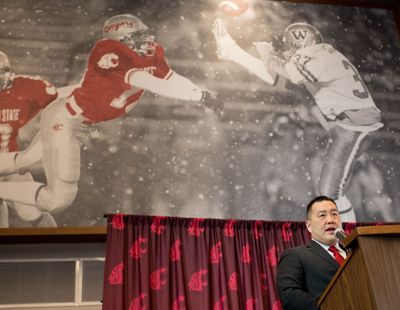 Patrick Chun, WSU’s new athletic director speaks during an introductory press conference on Tuesday, January 23, 2018, in the Rankich Club Room at Martin Stadium in Pullman, Wash.  (Tyler Tjomsland / The Spokesman-Review)