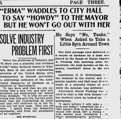 Mayor Charles A. Fleming turned down an Army lieutenant’s offer to ride in a World War I-era tank in Spokane on a recruitment drive on this day in 1920. (S-R archives)