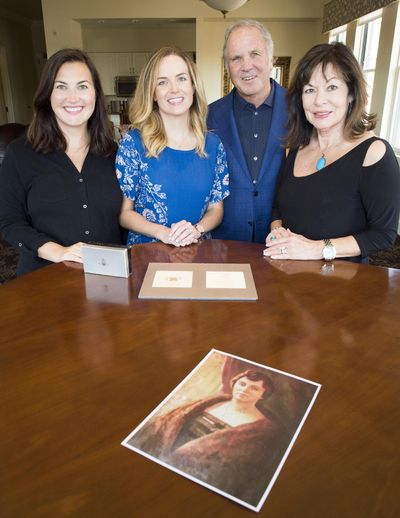 Left to right, Amy Greene, Sara Beth Prendeville and parents Frank and Terry Brown have joined other descendants of Marie Burns for a family reunion this week in Spokane. Burns owned the Jewel Box gift shop in the Davenport Hotel for 33 years after it opened in 1923. (Colin Mulvany / The Spokesman-Review)