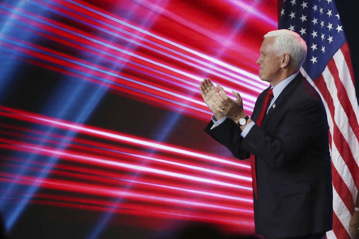 Former vice president Mike Pence speaks during the Road to Majority convention at Gaylord Palms Resort & Convention Center in Kissimmee, Fla., on Friday, June 18, 2021.  (Stephen M. Dowell)
