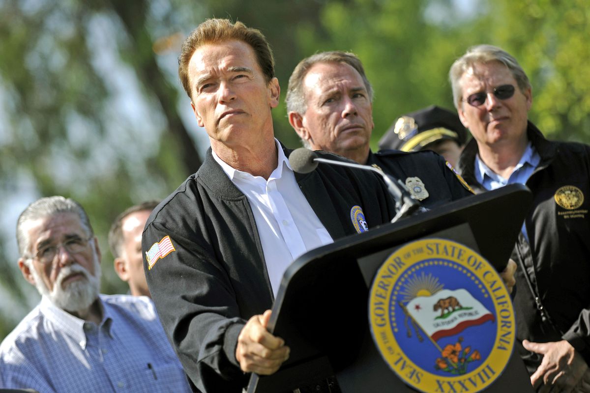 California Gov. Arnold Schwarzenegger holds a press conference on the  Lockheed fire at the incident command post in Watsonville, Calif., on Saturday. (Russel Daniels / The Spokesman-Review)