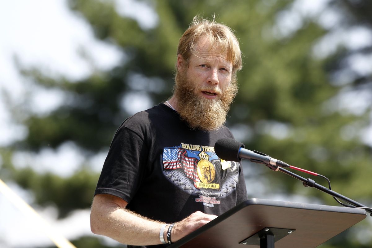 Bob Bergdahl, father of Army Sgt. Bowe Bergdahl, of Hailey, Idaho, who is being held captive in Afghanistan, speaks at the the annual Rolling Thunder rally for POW/MIA awareness, in Washington, D.C., on Sunday. (Associated Press)