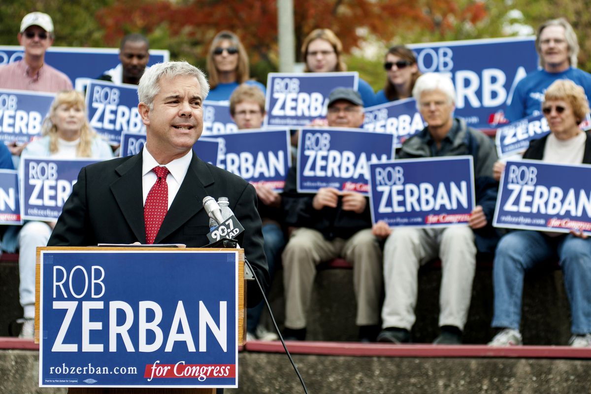 This photo taken Oct. 3 shows Wisconsin Congressional candidate Rob Zerban speaking at a campaign event in Janesville, Wis. (Associated Press)