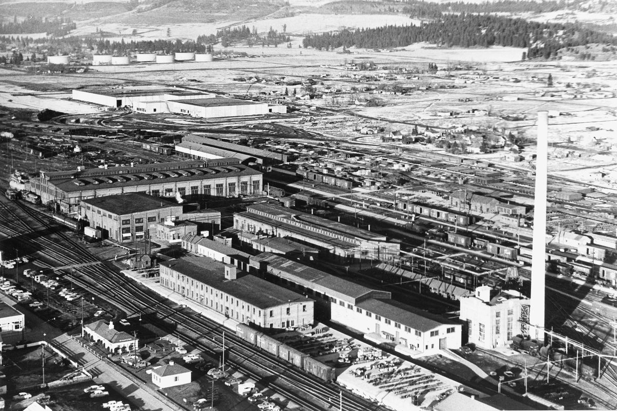 1964: The Hillyard rail yard was bustling as a repair depot for Great Northern Railroad.