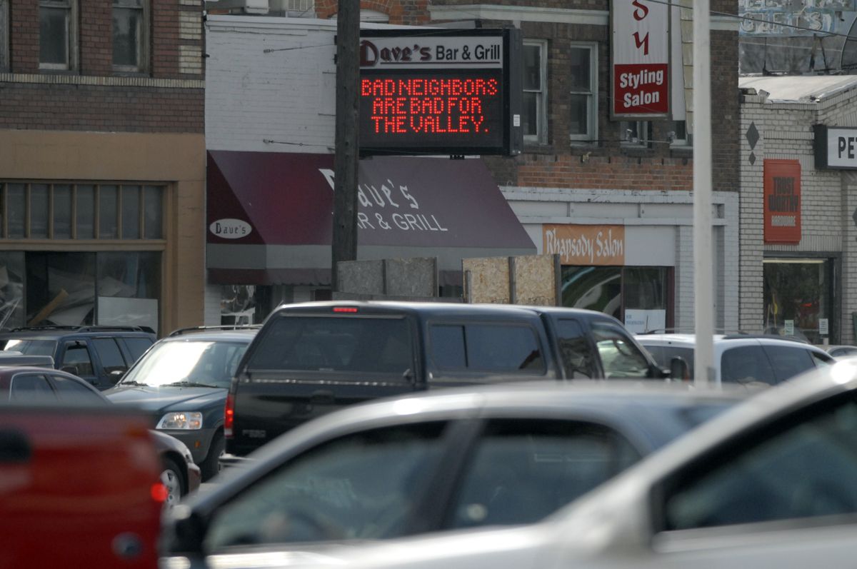 The reader board at Dave’s Bar & Grill on Sprague Avenue and Pines Road in Spokane Valley, April 23, displayed feelings of discontent.   (Photos by J. BART RAYNIAK / The Spokesman-Review)
