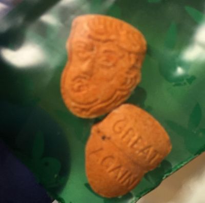 This undated image provided by the Indiana State Police Peru Post shows what police describe as “Trump-shaped ecstasy pills.” (Associated Press)