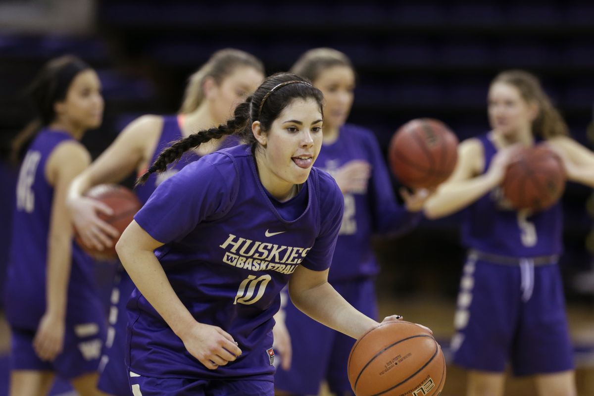Washington’s Kelsey Plum begins a drill during a basketball practice March 29, 2016, in Seattle. Washington played Syracuse in a Final Four game the following Sunday.  (Elaine Thompson/Associated Press)