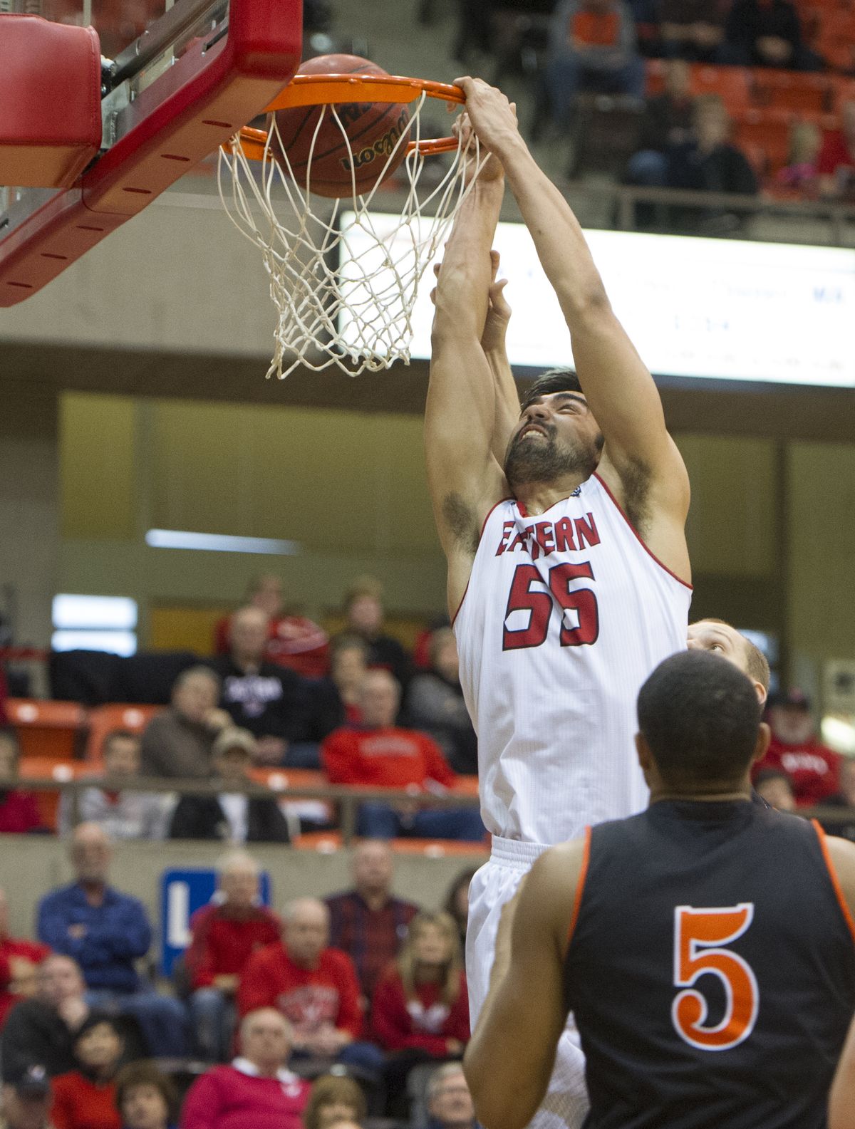 EWU’s Venky Jois slams home two of his 16 points against Idaho State at Reese Court on Saturday. (Tyler Tjomsland)