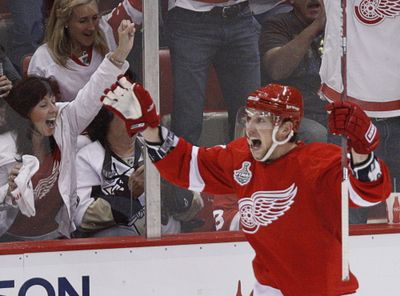 Detroit’s Justin Adbelkader celebrates his third-period goal, his second career NHL tally and second in two nights. (Associated Press / The Spokesman-Review)