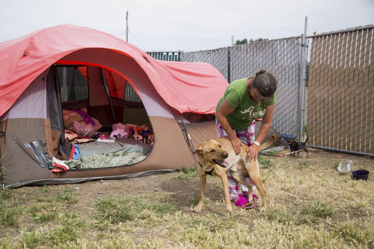 In this Wednesday, June 7, 2017, photo, Betty Still hangs out with her dog, Apollo, at Camp Hope in Yakima, Wash. Since Camp Hope opened in mid-March, 160 people have spent at least one night at the camp, a largely out-of-sight, city-sponsored homeless encampment behind the former Kmart building on East Nob Hill Boulevard. (Sofia Jaramillo / AP)