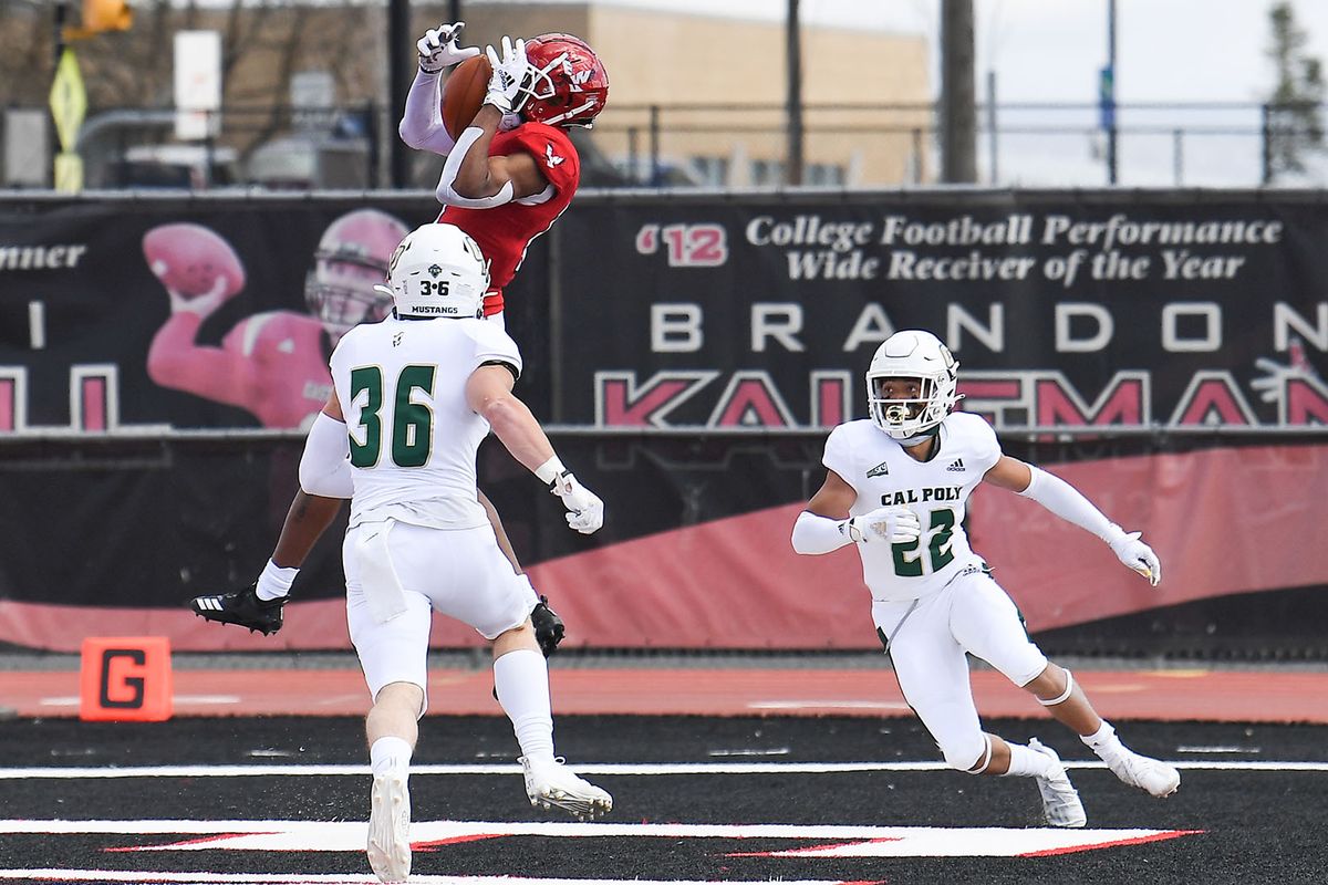 Eastern Washington Eagles wide receiver Freddie Roberson (11) hauls in a pass during the first half of a college football game on Saturday, March 27, 2021, at Roos Field in Cheney, Wash.  (Tyler Tjomsland/The Spokesman-Review)