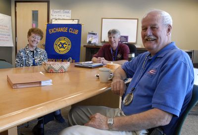 Spokane Valley Exchange Club President Don Tuttle, right, sits with members Wayne Rounseville, center, and Patt Earley before the group’s weekly meeting April 29. The group, disbanded in the early 1990s and rechartered in 2008, is seeking new members.  (J. Bart Rayniak / The Spokesman-Review)