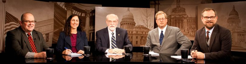 From left, Rocky Barker, Betsy Russell, Jim Weatherby, Bill Spence and host Greg Hahn on the set of 