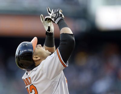 Nelson Cruz celebrates after hitting a two-run home run for Baltimore in its win over Detroit. (Associated Press)