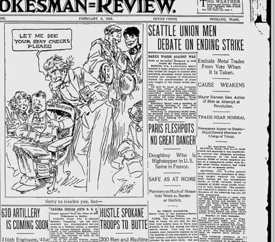 Labor leaders in Seattle were meeting to decide whether to call off the general strike, in which 30,000 workers had gone on strike in sympathy with 25,000 shipyard workers, reported The Spokesman-Review on Feb. 9, 1919. (Spokesman-Review Archives)