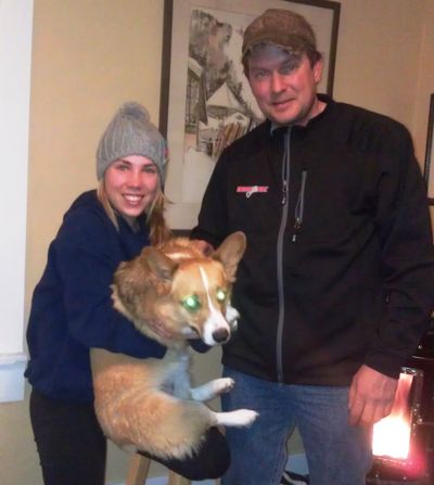 Silver Brelsford, oldest daughter of avalanche victim Kerry Gaillard, poses with Bill Whittle and the Welsh corgi that showed up four days after being swept away in the Dec. 31, 2011, avalanche that killed Kerry's husband, Dave Gaillard in the Gallatin National Forest of Montana.  (Courtesy photo)
