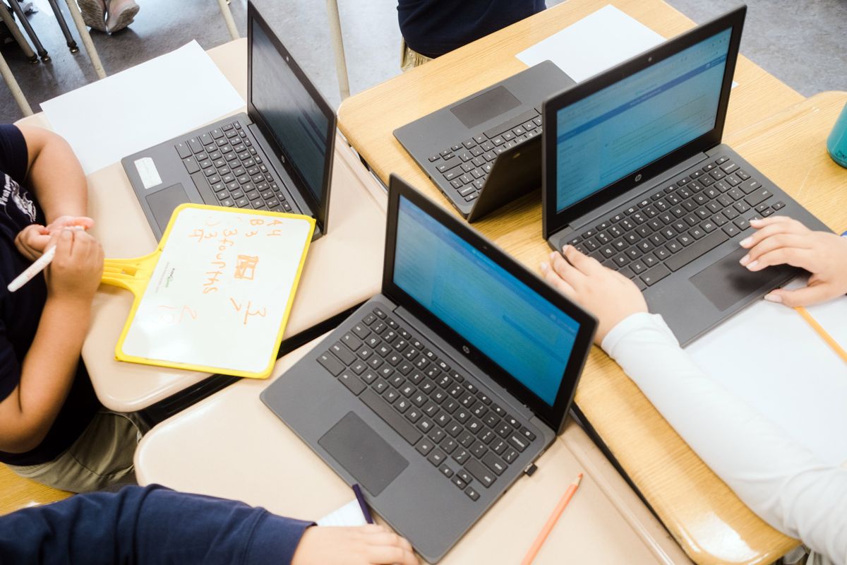 Students work on laptops at First Avenue Elementary School in Newark, N.J., on May 22, 2023. Like many districts, Newark is trying to distinguish the practical uses of AI classroom tools from their marketing promises. (Gabriela Bhaskar/The New York Times)  (GABRIELA BHASKAR)