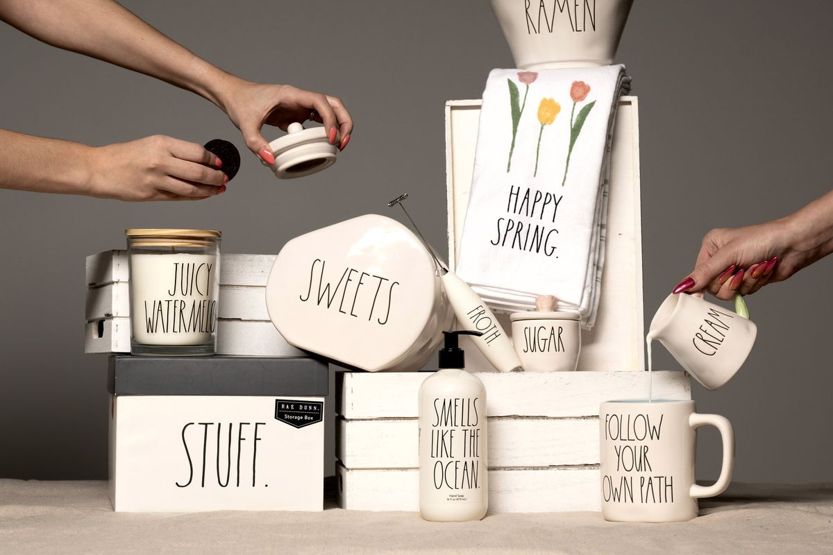 Items by Rae Dunn are easy to spot on the shelves of T.J. Maxx and HomeGoods, since they all bear words or phrases in the same font.  (Marvin Joseph/The Washington Post)