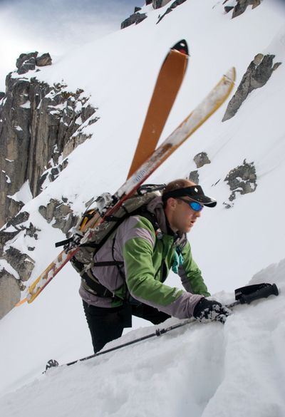 Kevin Koski, of Bremerton, climbs a peak in the Cascade Mountains in this photo taken in March 2008. (Associated Press)