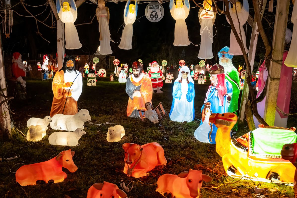 A nativity scene is on display among the hundreds of Christmas blow-mold figures in Steve and Janet Betts’ Spokane Valley backyard. The couple has been collecting the hollow, illuminated plastic holiday decorations for decades.  (COLIN MULVANY/THE SPOKESMAN-REVIEW)