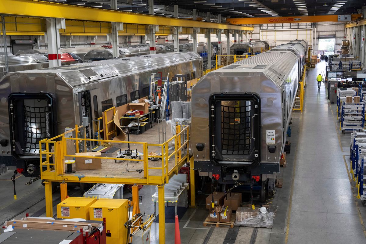 New Amtrak trains are assembled at the Siemens plant on Dec. 11 in Sacramento, Calif. (RUTH FREMSON)