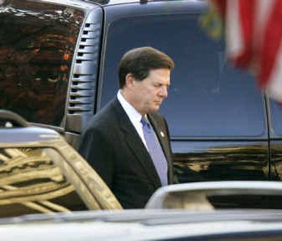 
House Majority Leader Rep. Tom DeLay, R-Texas, walks to his car Wednesday as he leaves the White House after a Congressional Leadership breakfast with President Bush.
 (Associated Press / The Spokesman-Review)