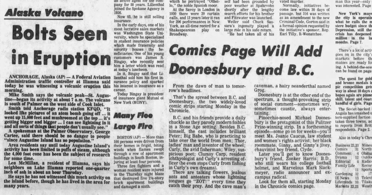 This day in history: Chronicle begins running Doonesbury. Spokane inmate sawed his way through Sandpoint jail
