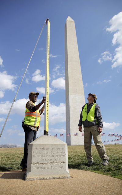 Survey says: Eric Duvall, cartographic technician, left, and Jeff Olsen, geodesist, both with the National Oceanic and Atmospheric Administration National Geodetic Survey, measure elevation on the National Mall Tuesday in Washington, D.C. Government surveyors are collecting data around the Washington Monument and other sites on the mall that will reveal whether they have sunk or tilted since last year’s earthquake. (Associated Press)