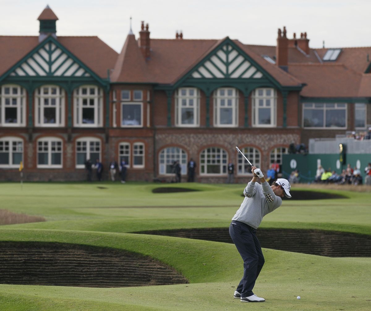 Adam Scott plays to the 18th green at Royal Lytham & St. Annes on Friday at the British Open. He is one stroke back of leader Brandt Snedeker. (Associated Press)