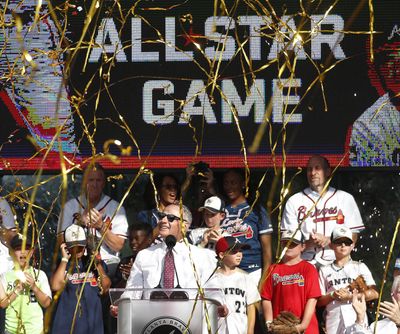 Baseball Commissioner Rob Manfred announces that Atlanta will host the 2021 All-Star Game, Wednesday, May 29, 2019, in Atlanta. (John Bazemore / Associated Press)