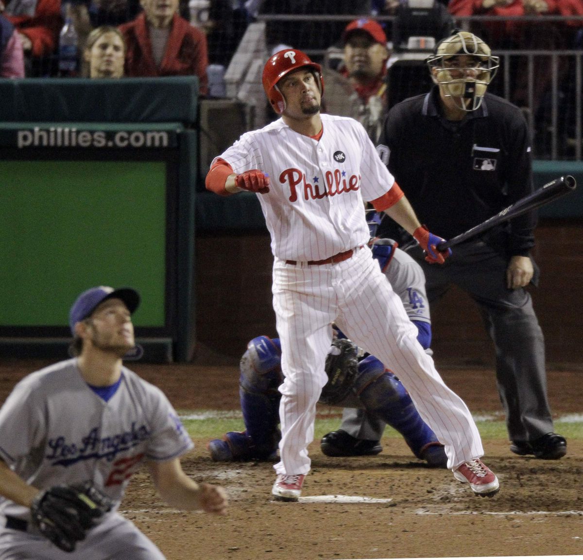Philadelphia’s Shane Victorino hits a two-run homer off Clayton Kershaw of the Los Angeles Dodgers in the sixth inning Wednesday.  (Associated Press / The Spokesman-Review)