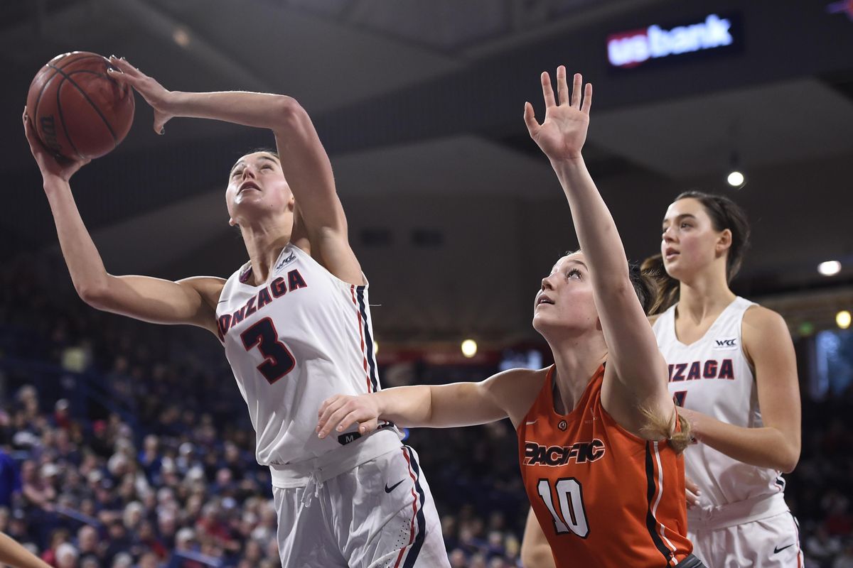 Gonzaga forward Jenn Wirth (3) goes up for a shot against Pacific forward Savannah Whitehead (10) during a WCC basketball game on Saturday, Jan. 11, 2020, at the McCarthey Athletic Center in Spokane. (James Snook / For The Spokesman-Review)