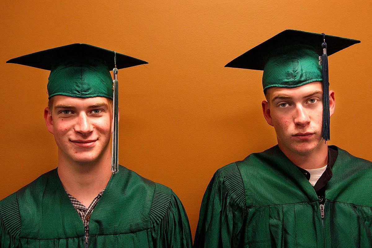 Matt and Robert Shipp post June 5, 2006, prior to their graduation from Lakeland High School and Mountainview High School, respectively, in Rathdrum, Idaho. (Brian Plonka / The Idaho Spokesman Review)