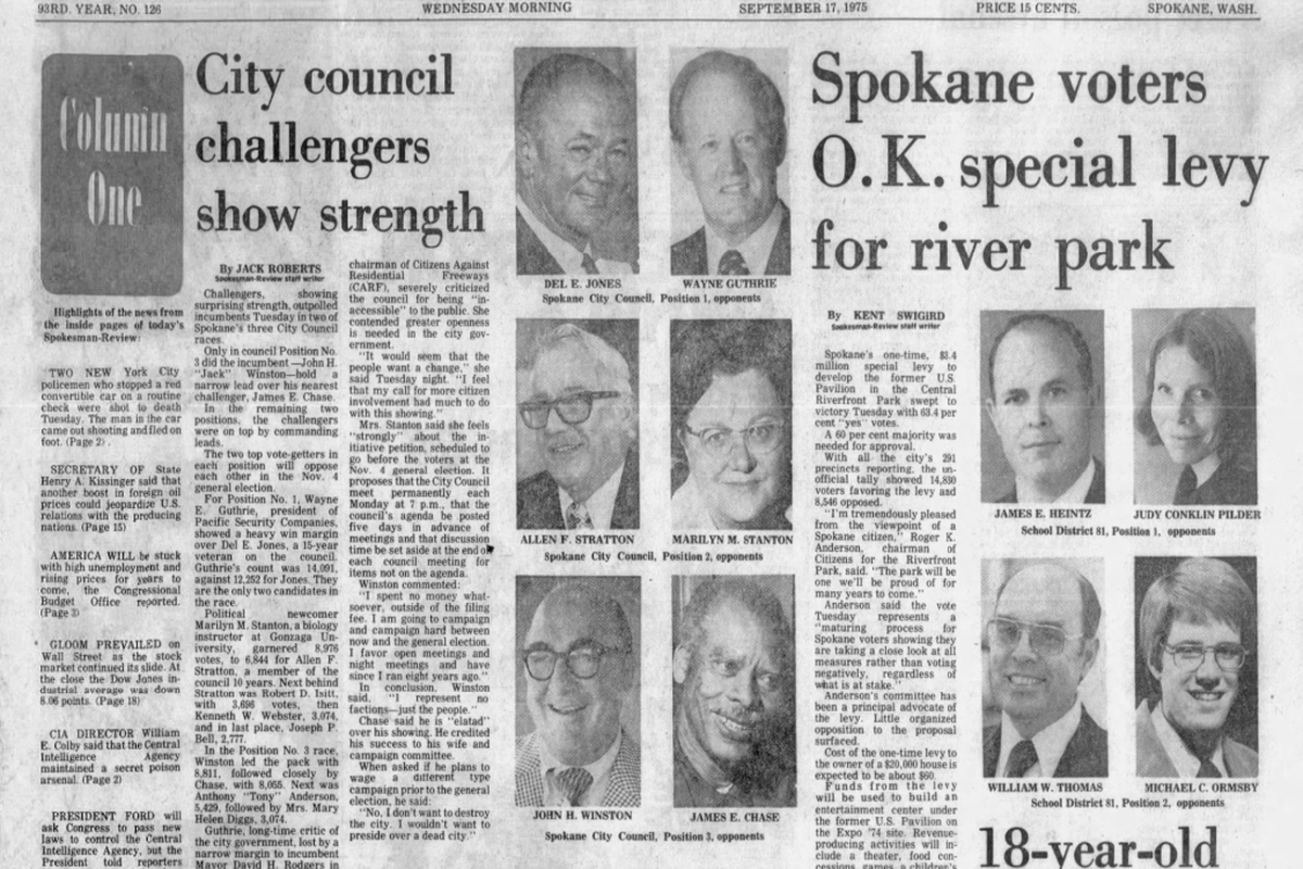 Spokane voters approved a $3.4 million levy to develop a new entertainment complex underneath the iconic umbrella dome at Riverfront Park, The Spokesman-Review reported on Sept. 17, 1975. The newspaper also reported that challengers were leading two of three Spokane City Council primaries. The one incumbent who was the top finisher in his race, John H. Winston, would lose in the November election to the James Chase, who would later go on win a race for Spokane mayor. And 18-year-old Mike Ormsby was the top vote-getter for a Spokane School Board seat. Ormsby would later serve as U.S. attorney for Eastern Washington. (Spokesman-Review archives)