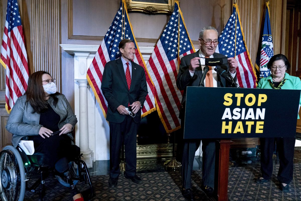 Senate Majority Leader Chuck Schumer of N.Y., accompanied by Sen. Mazie Hirono, D-Hawaii, Sen. Tammy Duckworth, D-Ill., and Sen. Richard Blumenthal, D-Conn., speaks at a news conference after the Senate passed a COVID-19 Hate Crimes Act on Capitol Hill, Thursday, April 22, 2021, in Washington. (Andrew Harnik)