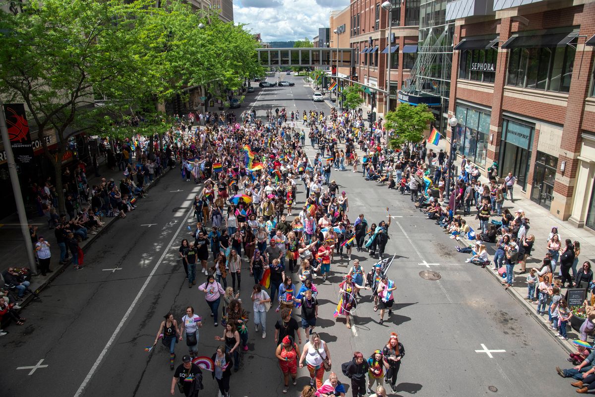 The Spokane Pride Parade turns from Post Street onto Main Avenue Saturday, Jun 11, 2022 on Riverside Avenue in downtown Spokane, Washington.  (Jesse Tinsley/THE SPOKESMAN-REVIEW)