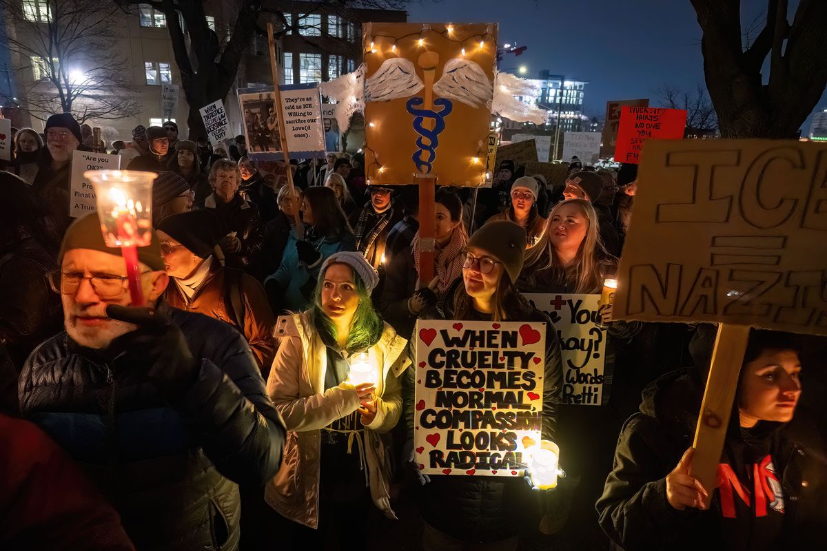 More than 1,000 health care workers and supporters marched from Riverfront Park to the Spokane County Courthouse on Wednesday in remembrance of Alex Pretti, a health care worker who was shot and killed by federal agents in Minneapolis last week. (COLIN MULVANY /THE SPOKESMAN-REVIEW)