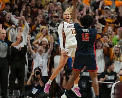 Gophers guard Mara Braun celebrates a defensive play in the second half of her team’s NCAA Tournament victory over Ole Miss on Sunday at Williams Arena in Minneapolis.  (Tribune News Service)